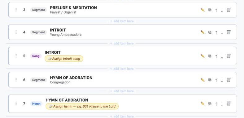 Worship Presentation Builder screenshot: a sample service programme with numbered segments, songs and hymns, listing roles instead of names.
